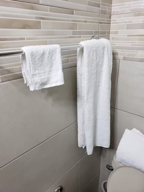 Hair dryer, towels, soap, toilet paper