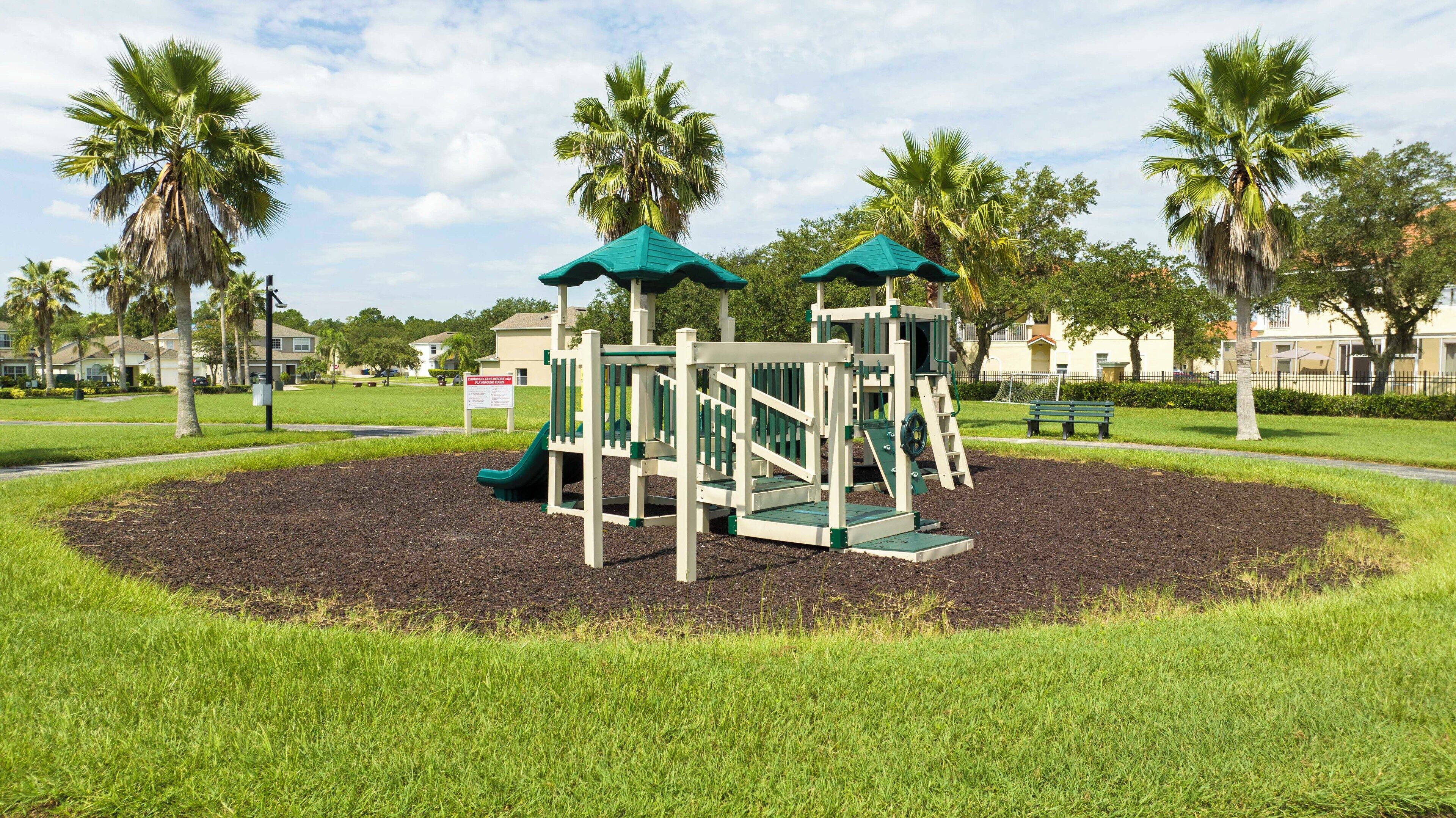 A playground with a slide and climbing structures, surrounded by grass and palm trees.