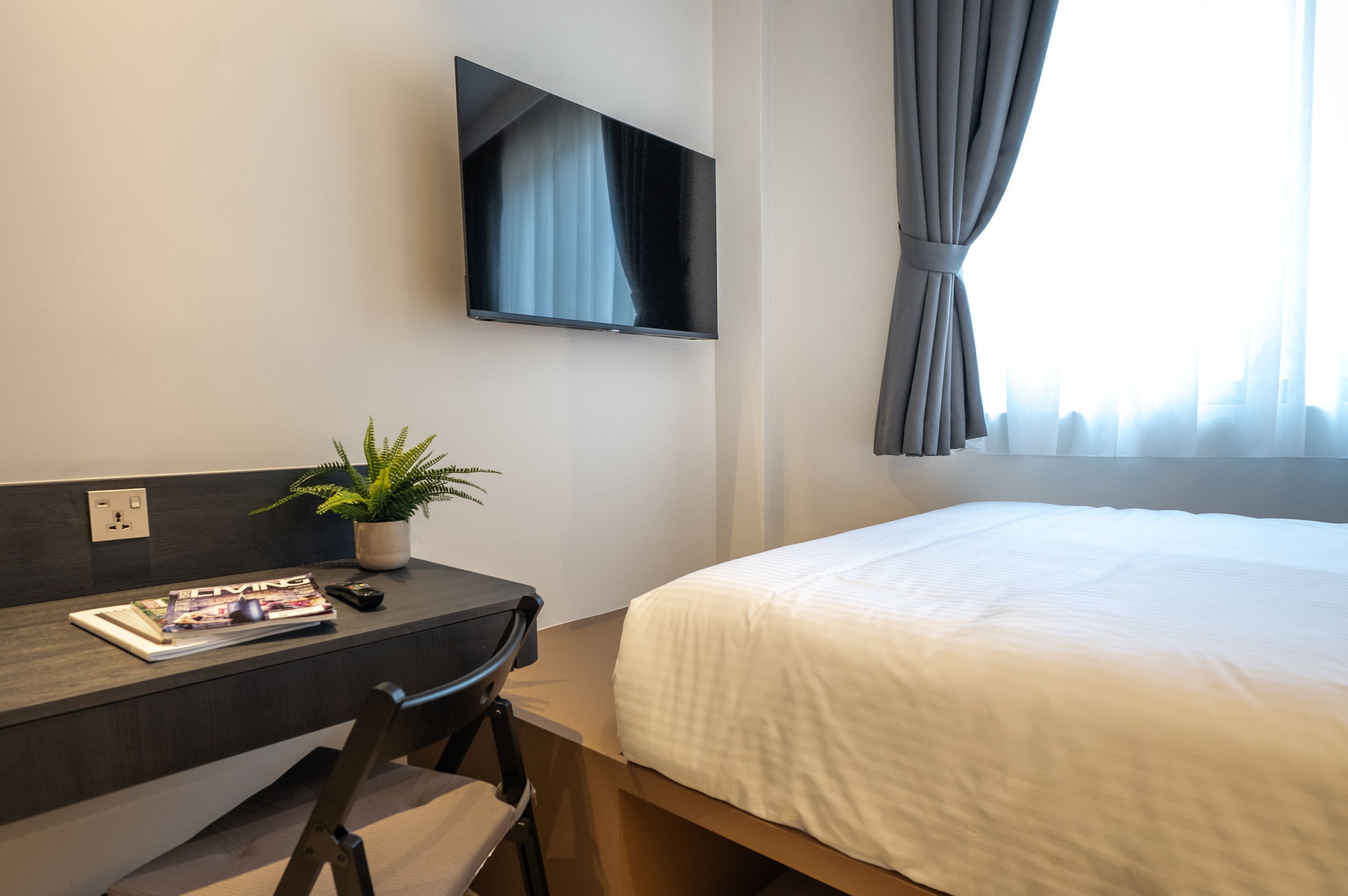 A hotel room with a bed, a desk with a plant, a TV mounted on the wall, and a window with curtains.