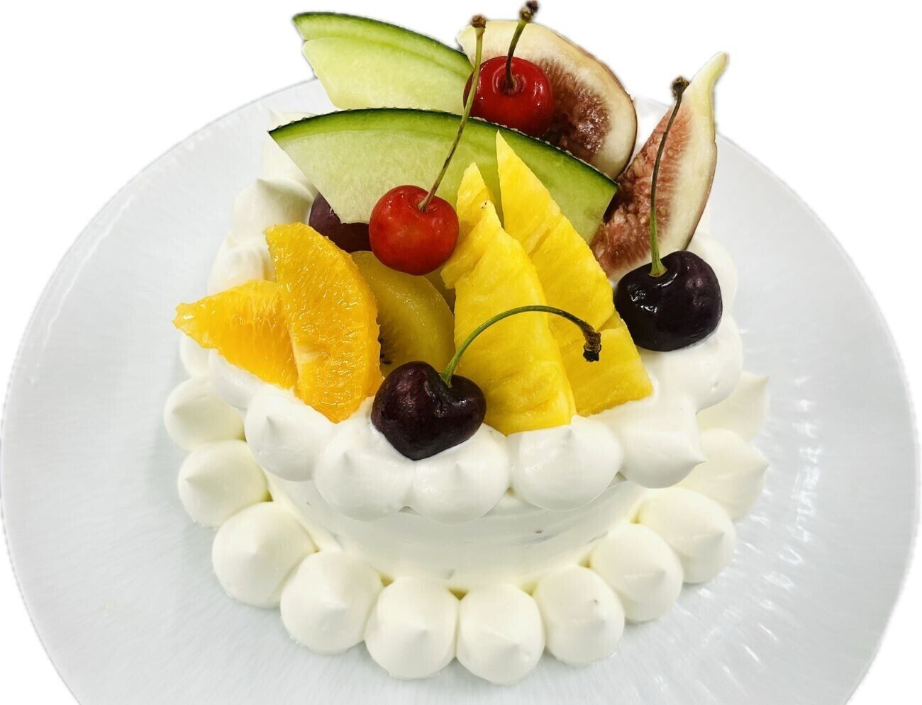 A dessert with fruit and cream on a white plate.