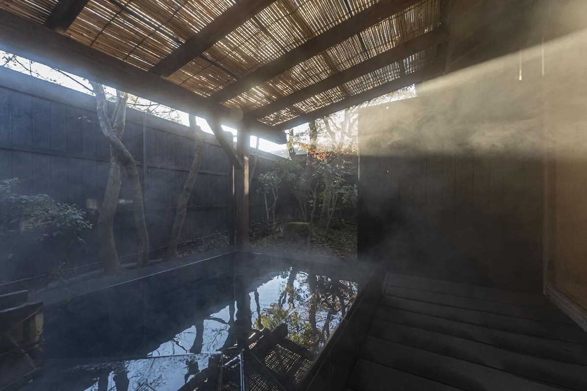 A hot spring area with a wooden deck and a view of the surrounding trees.
