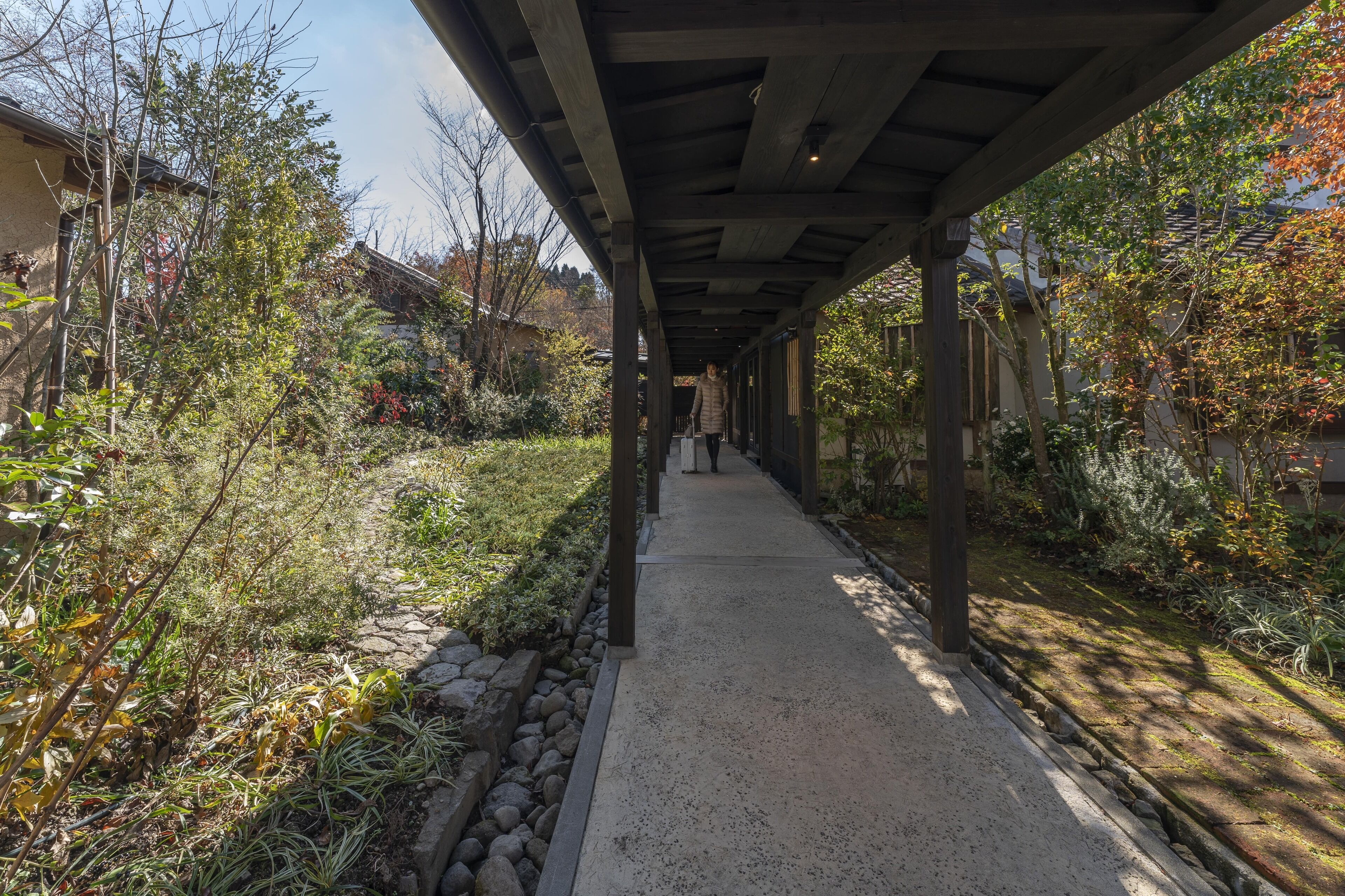 A covered walkway with a stone path, surrounded by various plants and trees.
