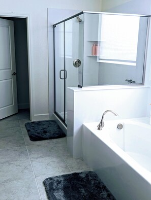 Hair dryer, towels, soap, shampoo