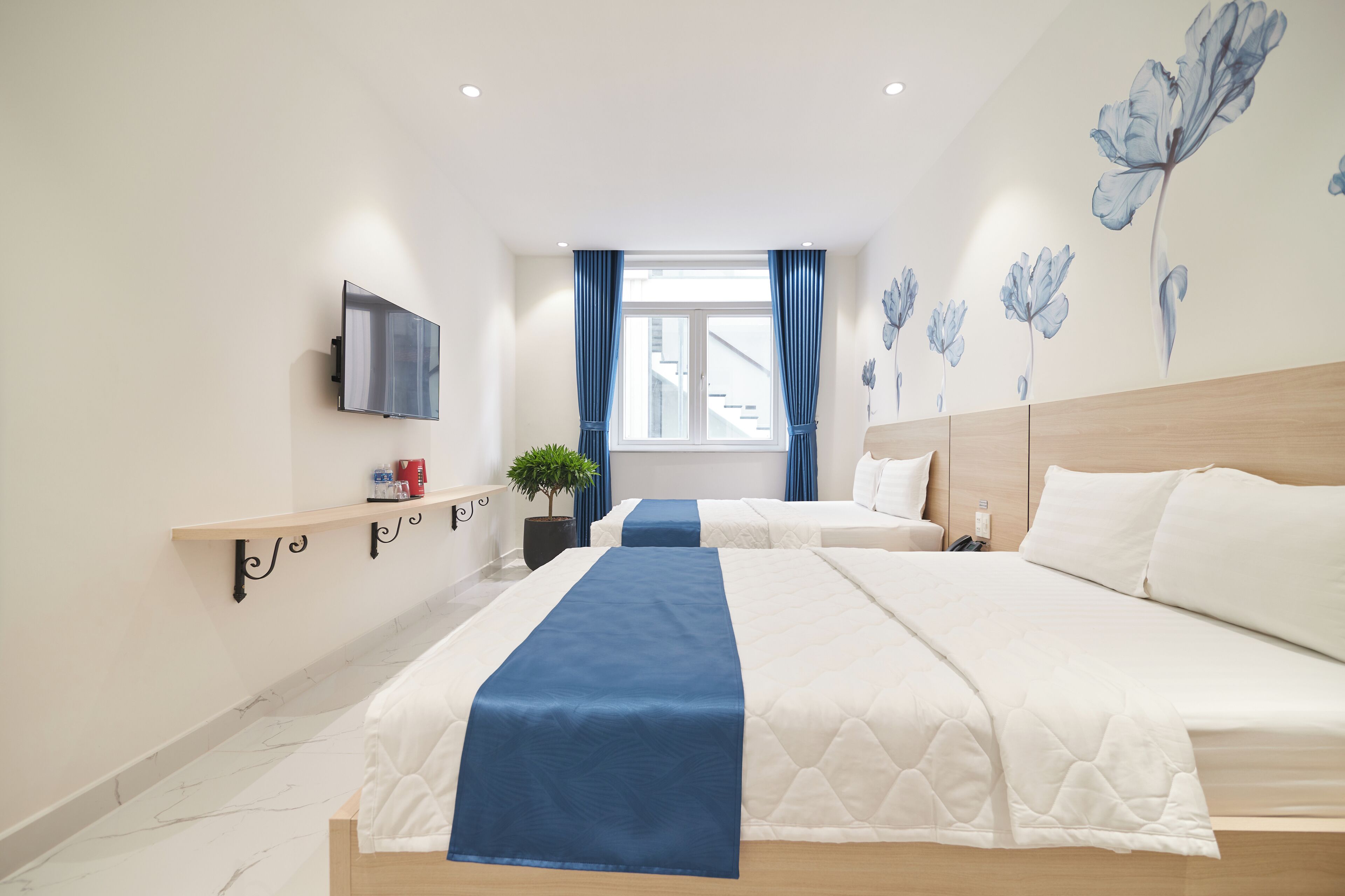 A hotel room with two beds, a TV mounted on the wall, a window with curtains, and a plant on a side table.