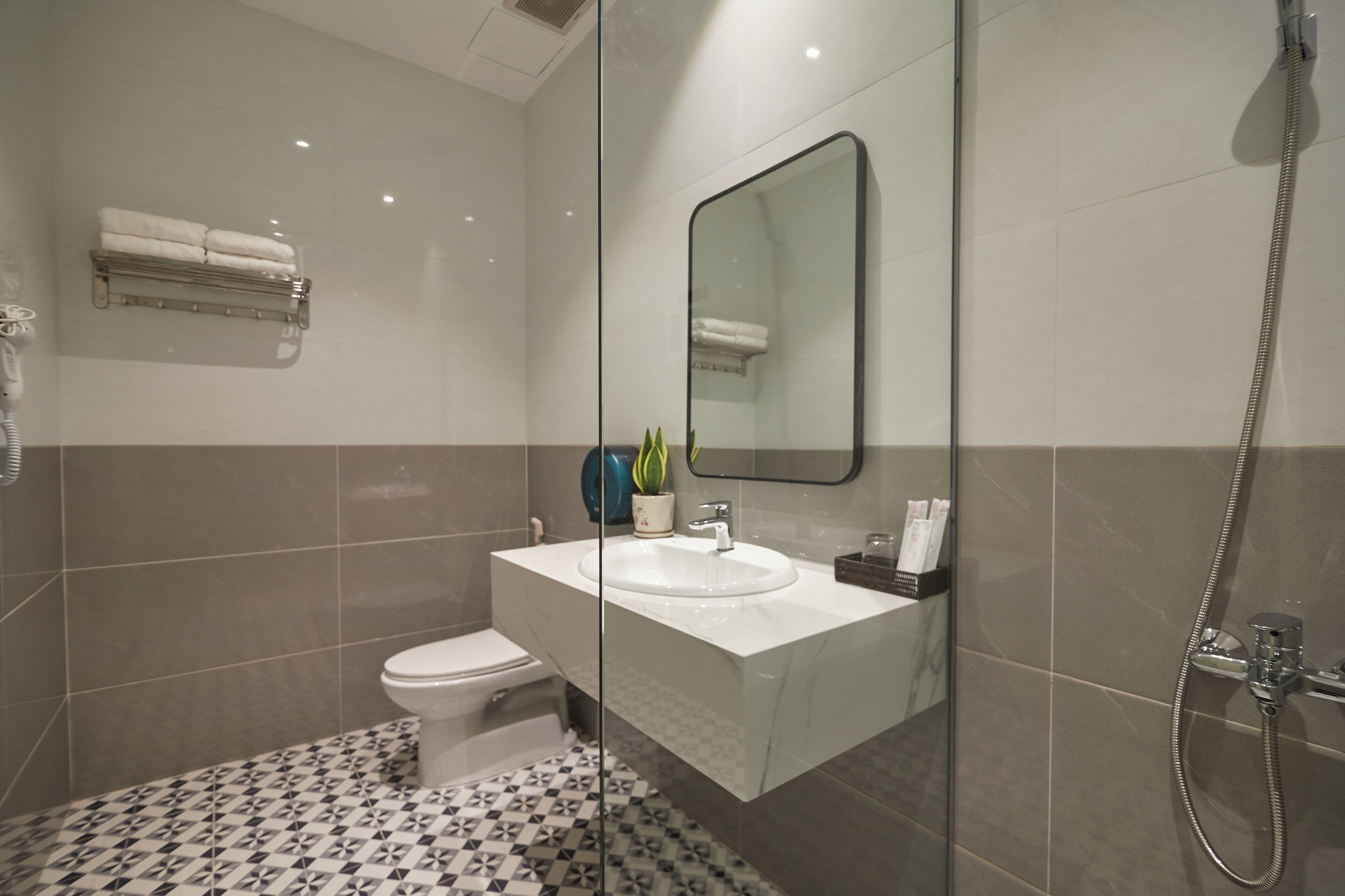 A modern bathroom with a glass-enclosed shower, a white sink, and a toilet.