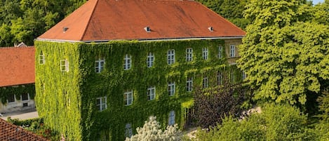 A building with a red-tiled roof and ivy-covered walls.