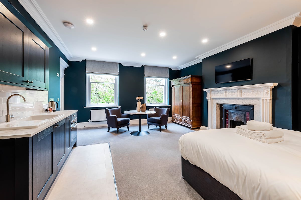Een moderne hotelkamer met een groot bed, een zithoek met twee stoelen, een keuken met donkere kastjes en een open haard.