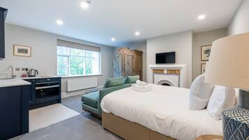 Un dormitorio moderno con cama, sofá, televisor, chimenea y una zona de cocina.