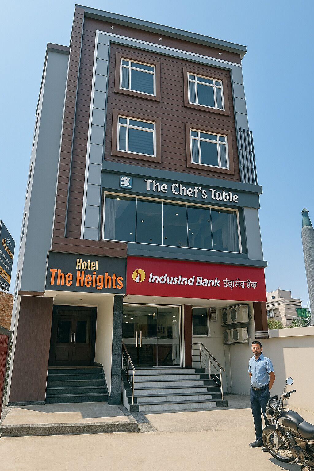 A multi-story building with signs for "The Chef's Table" and "IndusInd Bank".