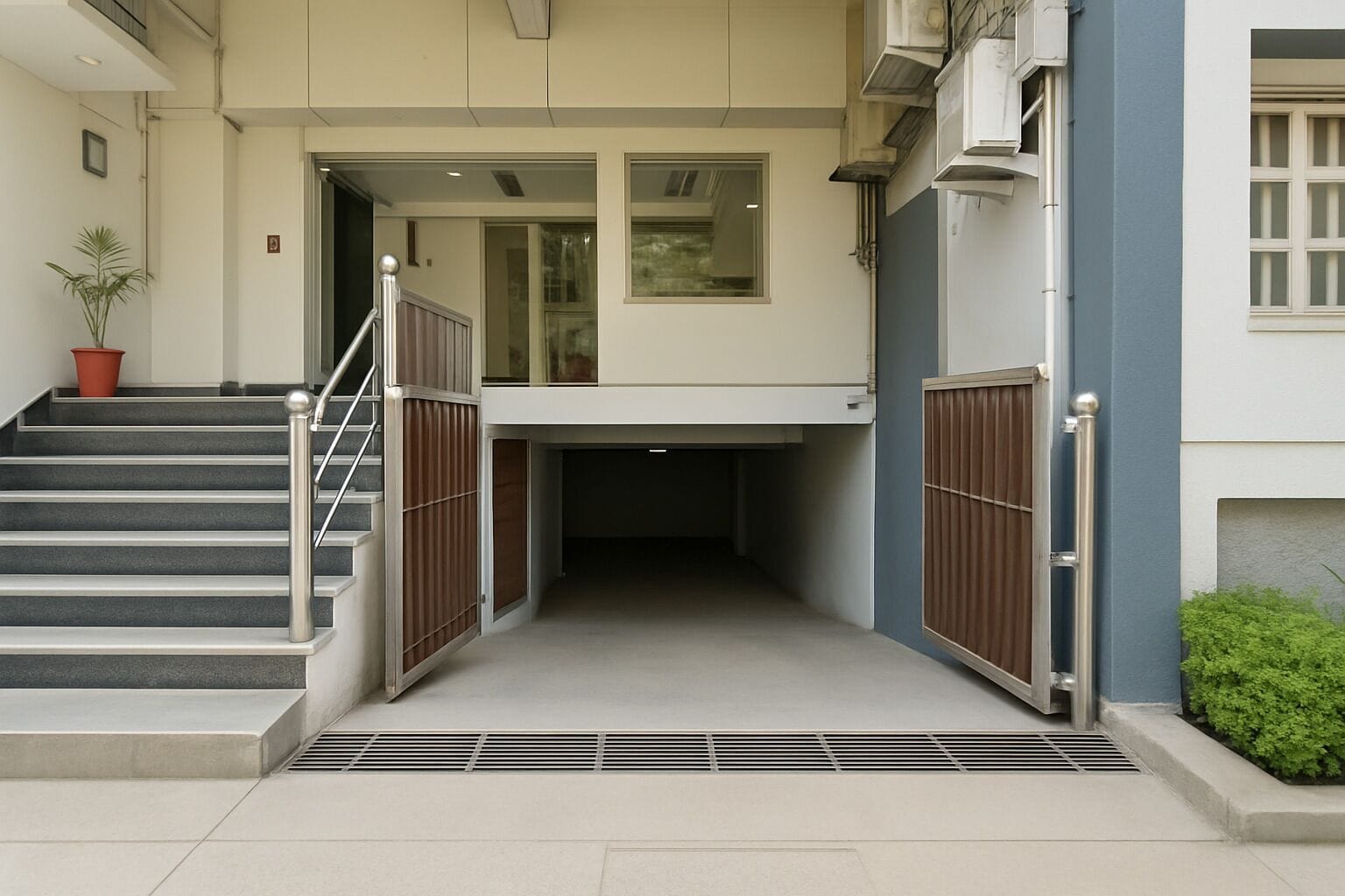 A building entrance with a staircase leading to a covered area.