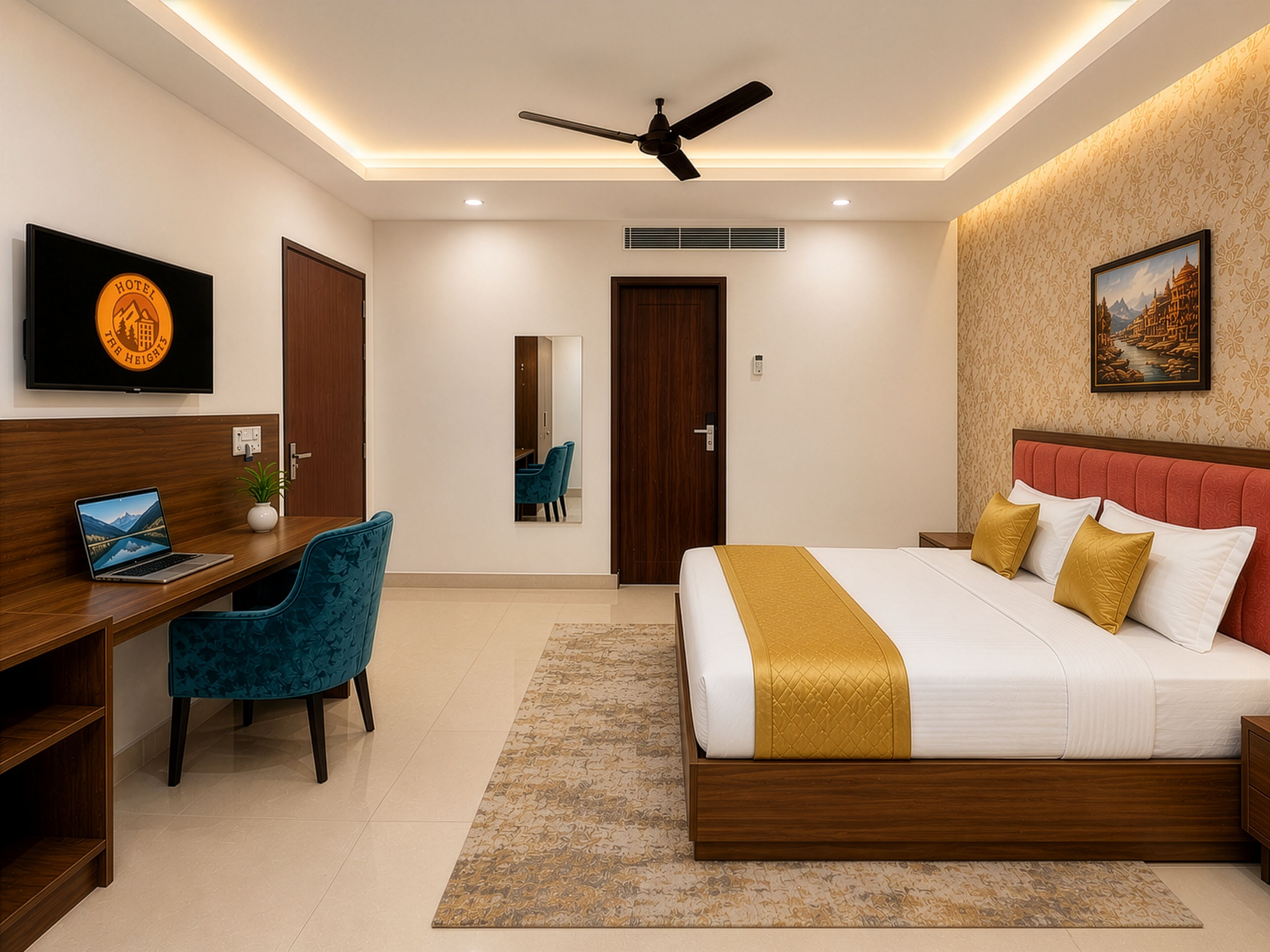 Una habitación de hotel con cama, escritorio, silla, televisor y ventilador de techo.