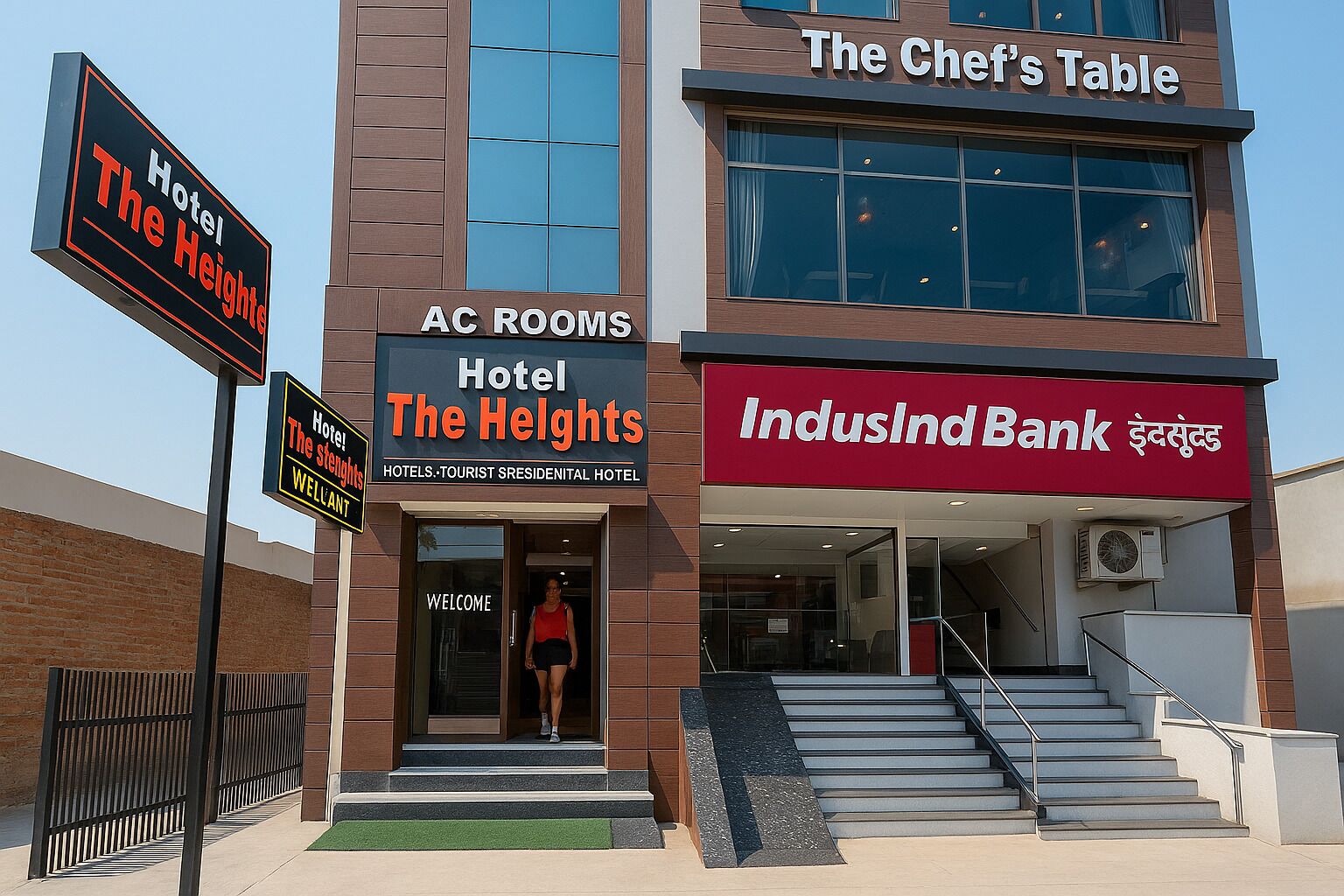 Hotel The Heights with AC rooms, a sign for The Chef's Table, and an IndusInd Bank branch.