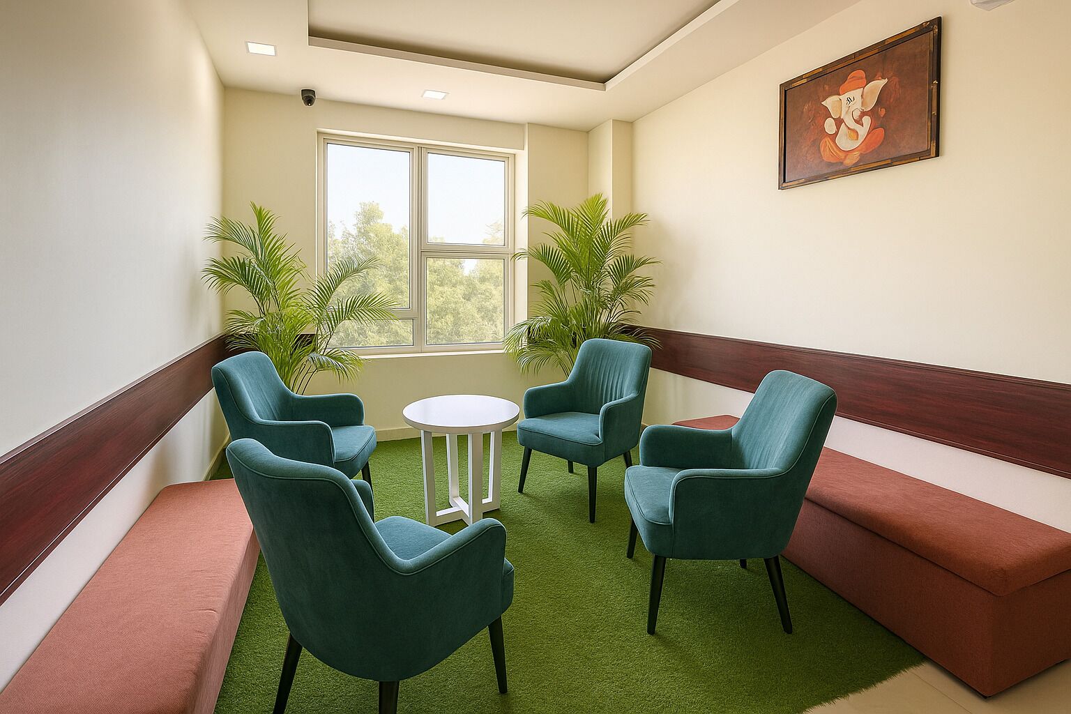 Ein Zimmer mit türkisfarbenen Stühlen, einem kleinen weißen Tisch und einer braunen Bank. Zwei Zimmerpflanzen und ein Fenster mit Blick auf Bäume sind ebenfalls vorhanden.