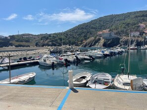 Un puerto deportivo con varias embarcaciones amarradas, un muelle de hormigón con líneas azules y una colina con edificios al fondo.