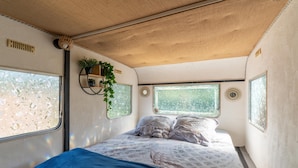 Een slaapkamer met een bed, twee ramen, een plafondventilator en een plant.