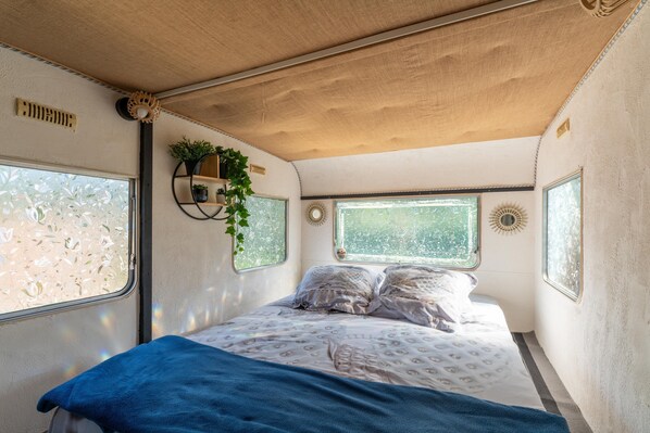 Un dormitorio con una cama, dos ventanas, un ventilador de techo y una planta.