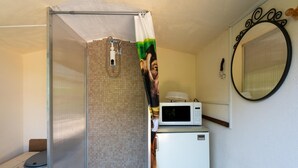 Een badkamer met een douche, toilet, magnetron en spiegel.