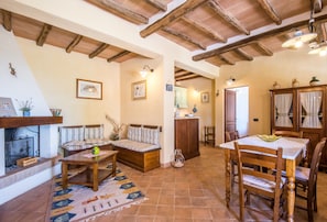 Un salon chaleureux avec une cheminée, un canapé, une table à manger avec des chaises, et un coin cuisine visible au fond.