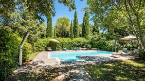 Piscina cercada por vegetação exuberante e árvores, com espreguiçadeiras e guarda-sóis.