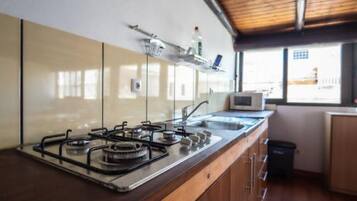 Jääkaappi, mikroaaltouuni, liesi, kahvin-/teenkeitin