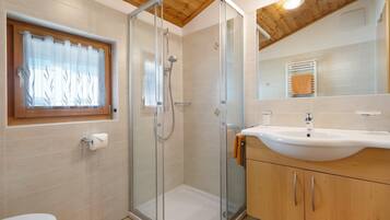 Shower, hair dryer, towels