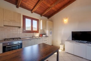 Une cuisine avec des poutres en bois, une cuisinière à gaz, un évier, des placards et un téléviseur.
