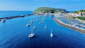 A marina with numerous boats docked, a pier, and a town with buildings and greenery in the background. - Apartment 'Ladomar Matriz' with Sea View, Private Terrace and Wi-Fi (Horta)