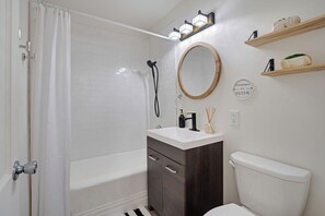 Hair dryer, towels, soap, shampoo