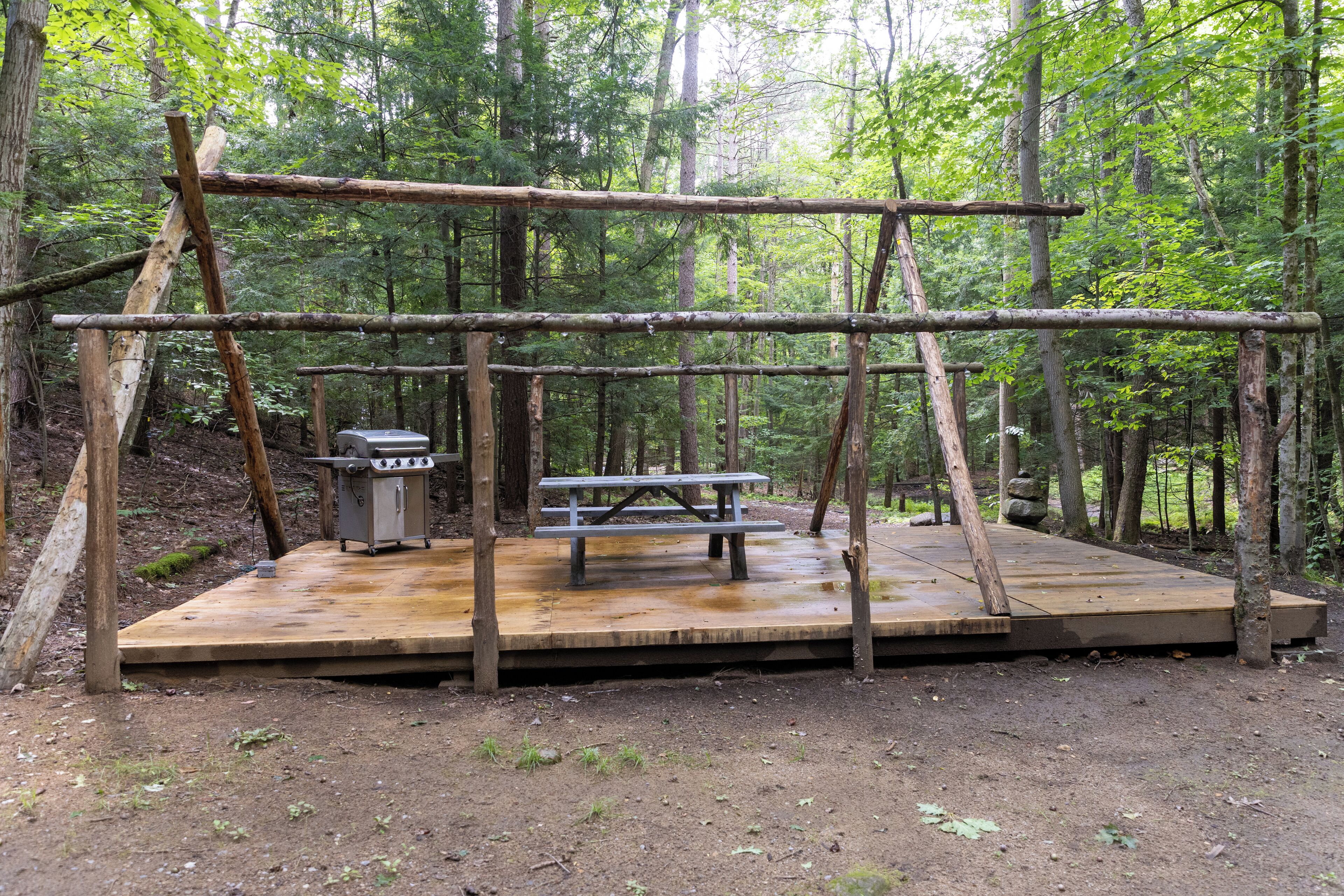 Um deck de madeira com churrasqueira e mesa para piquenique em meio à floresta.