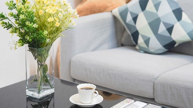Ein Zimmer mit einem Glastisch, einer Blumenvase, einem Teddybären und einem grauen Sofa mit gemusterten Kissen.