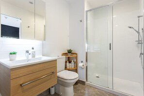 Shower, hair dryer, towels, soap