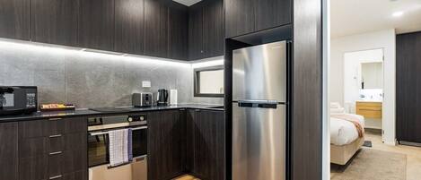 Fridge, microwave, oven, stovetop