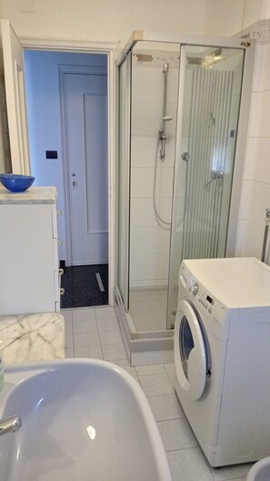Shower, hair dryer, bidet, towels