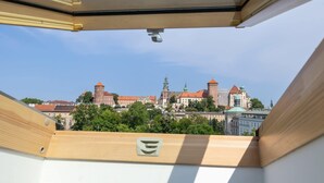 Vista a través de un tragaluz de un complejo histórico con múltiples torres y edificios de tejados rojos.