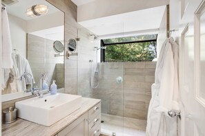 Shower, hair dryer, towels