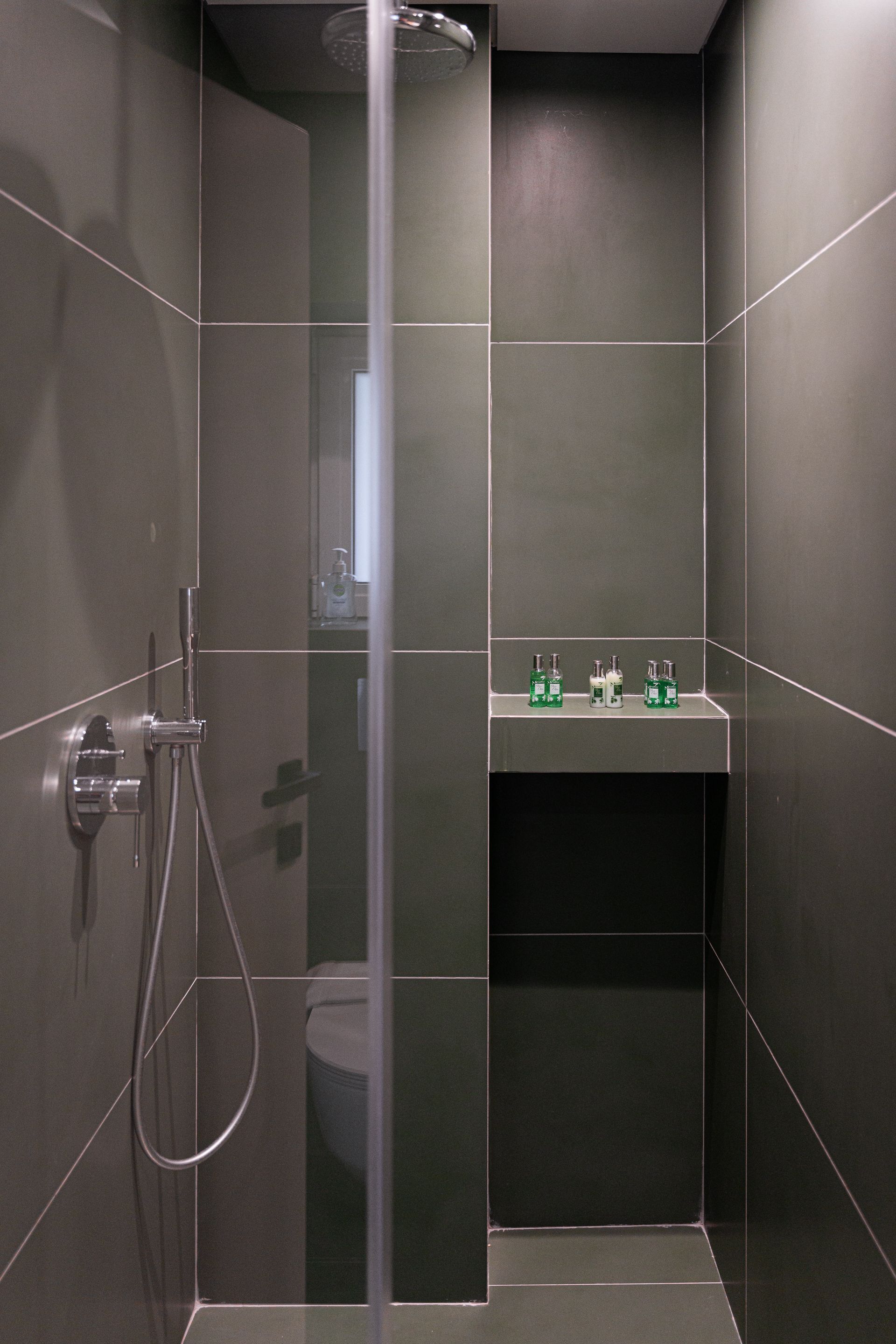 A modern bathroom with a glass-enclosed shower, a toilet, and a shelf with toiletries.
