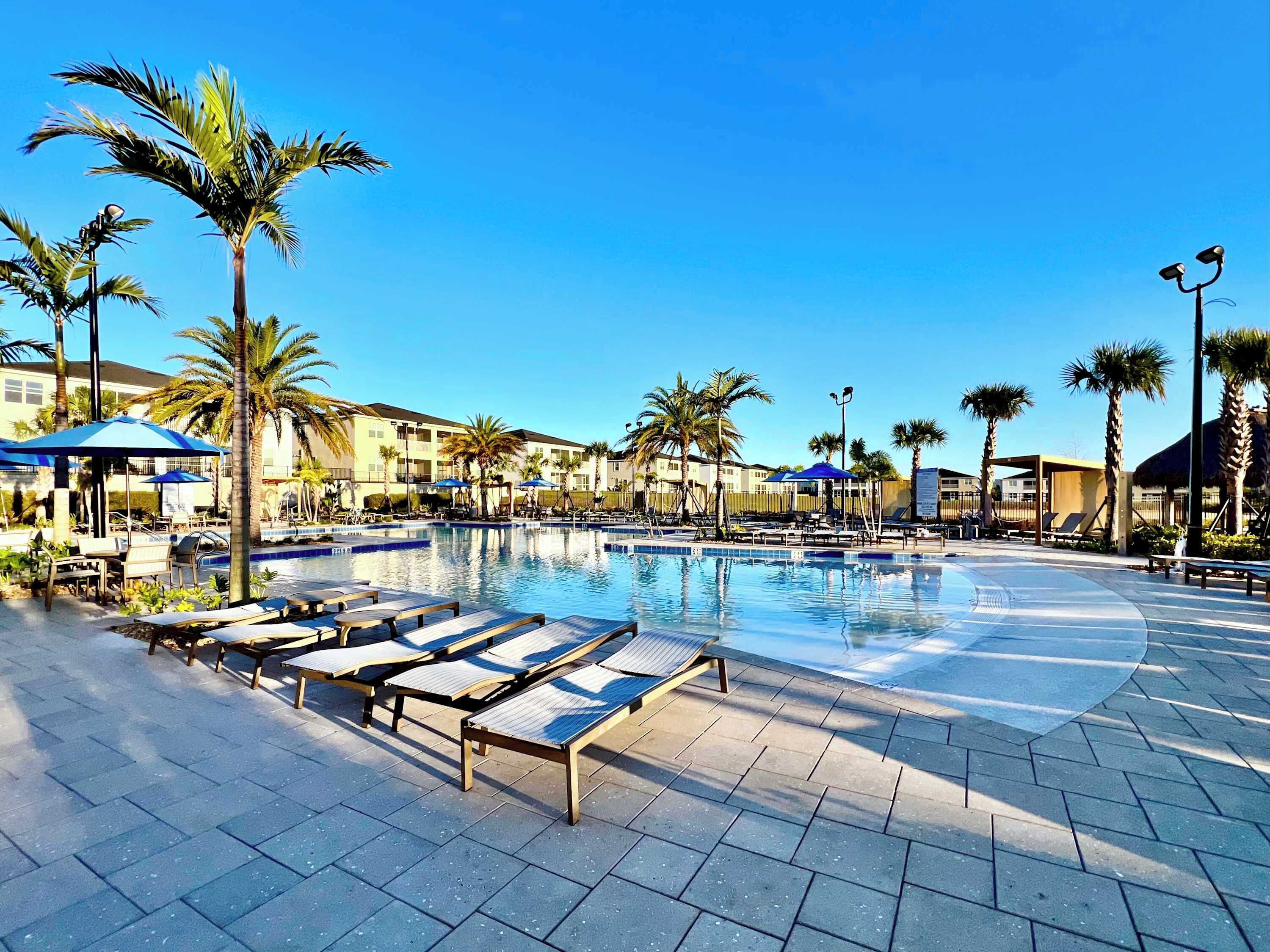 A pool area with lounge chairs and umbrellas, surrounded by palm trees and buildings.