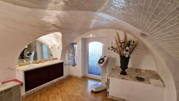 Eco-friendly toiletries, hair dryer, towels, soap