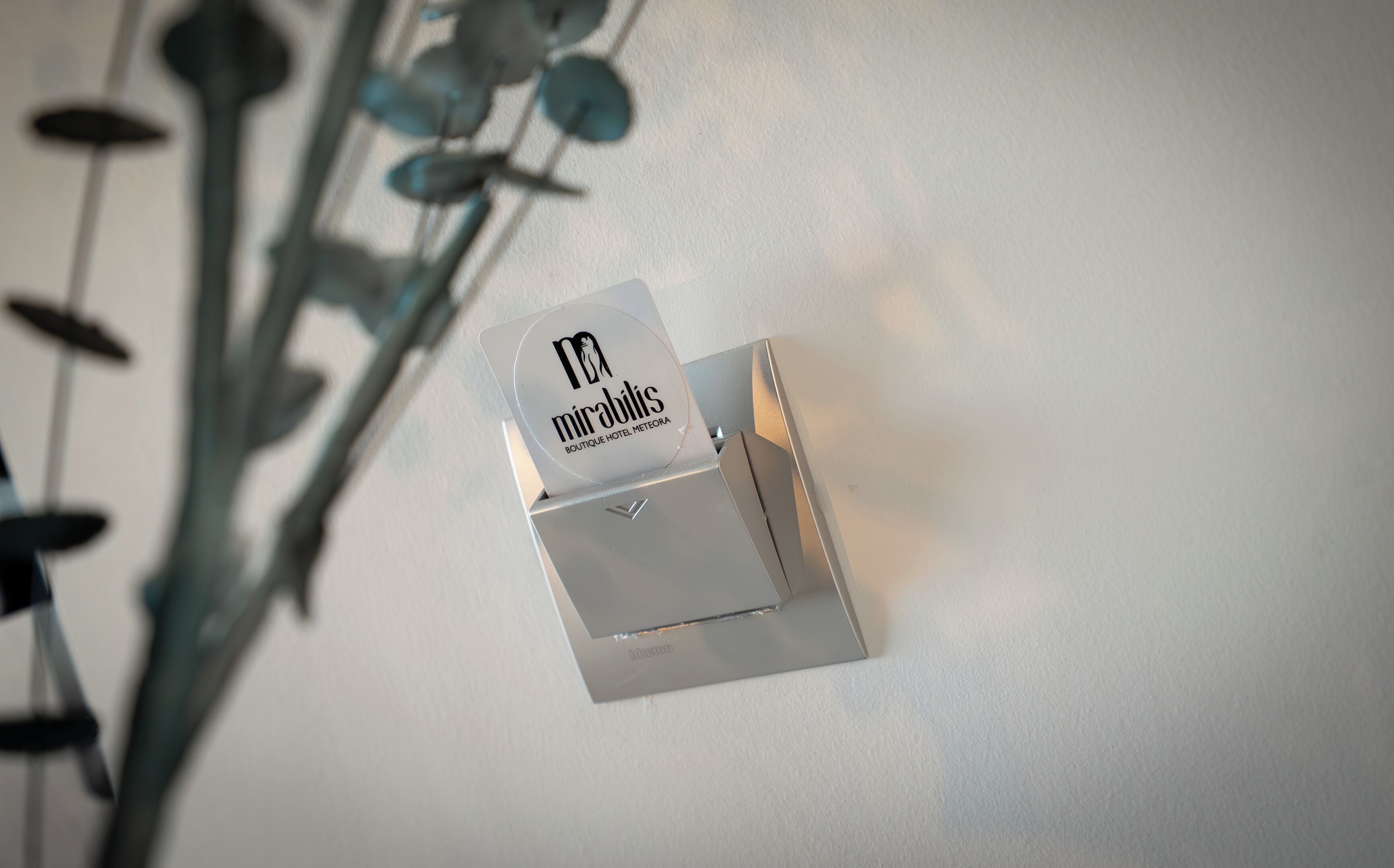 A white box with a label that reads "mibarabitis Boutique Hotel Meteora."