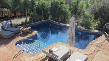 Outdoor pool, open 10:00 AM to 8:00 PM, pool umbrellas, pool loungers