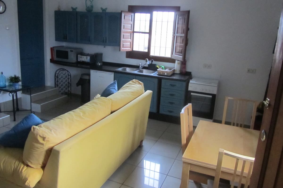 A compact living space with a sofa, a dining table, and a kitchenette.