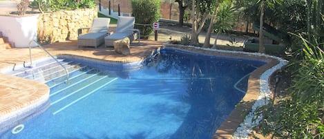 Piscine extérieure, parasols de plage, chaises longues
