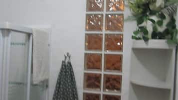 Ducha, secador de pelo, toallas, jabón