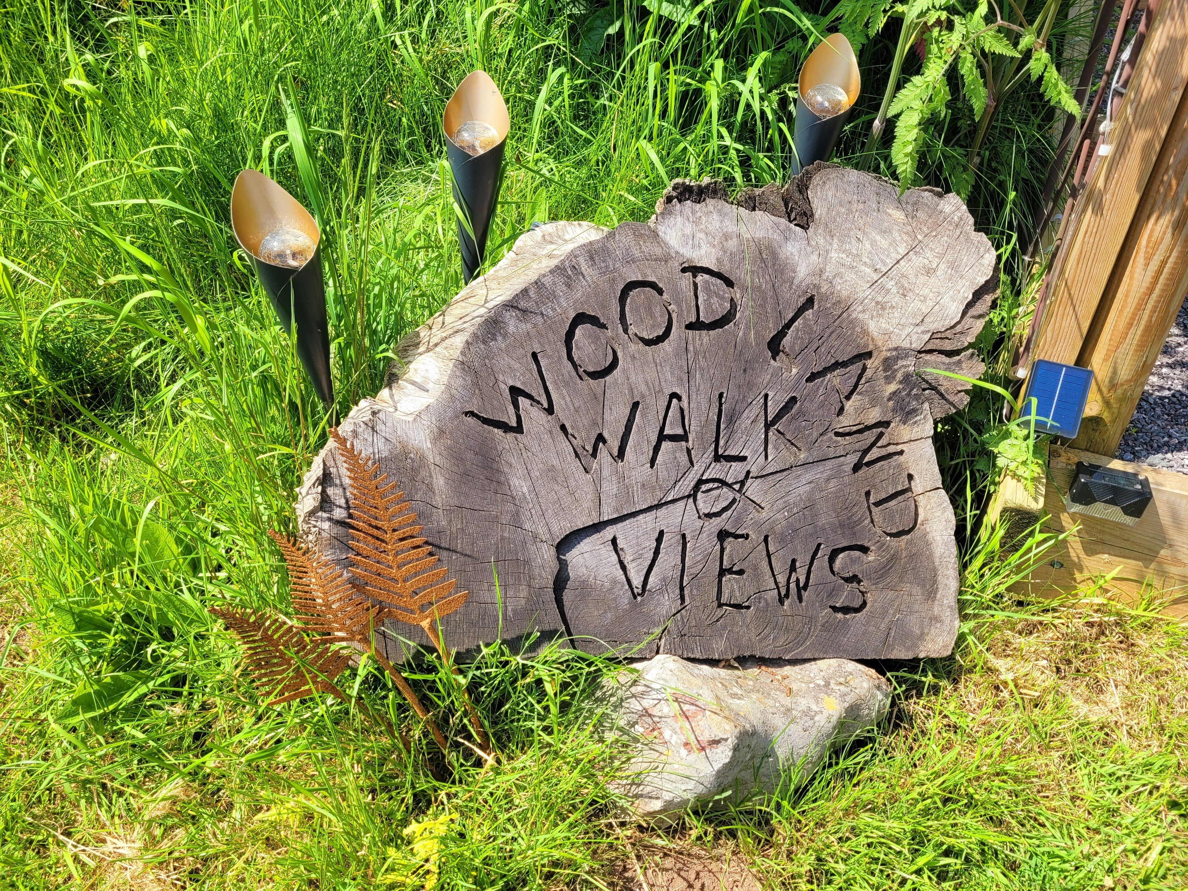 A wooden sign with the inscription "WOOD WALKING ZONES" surrounded by grass and ferns.