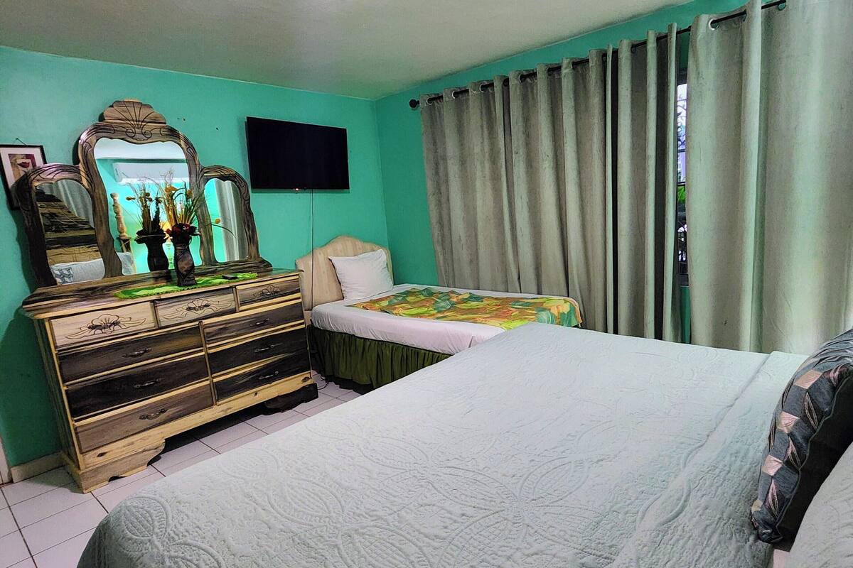 Un dormitorio con cama, cómoda, espejo y televisor.