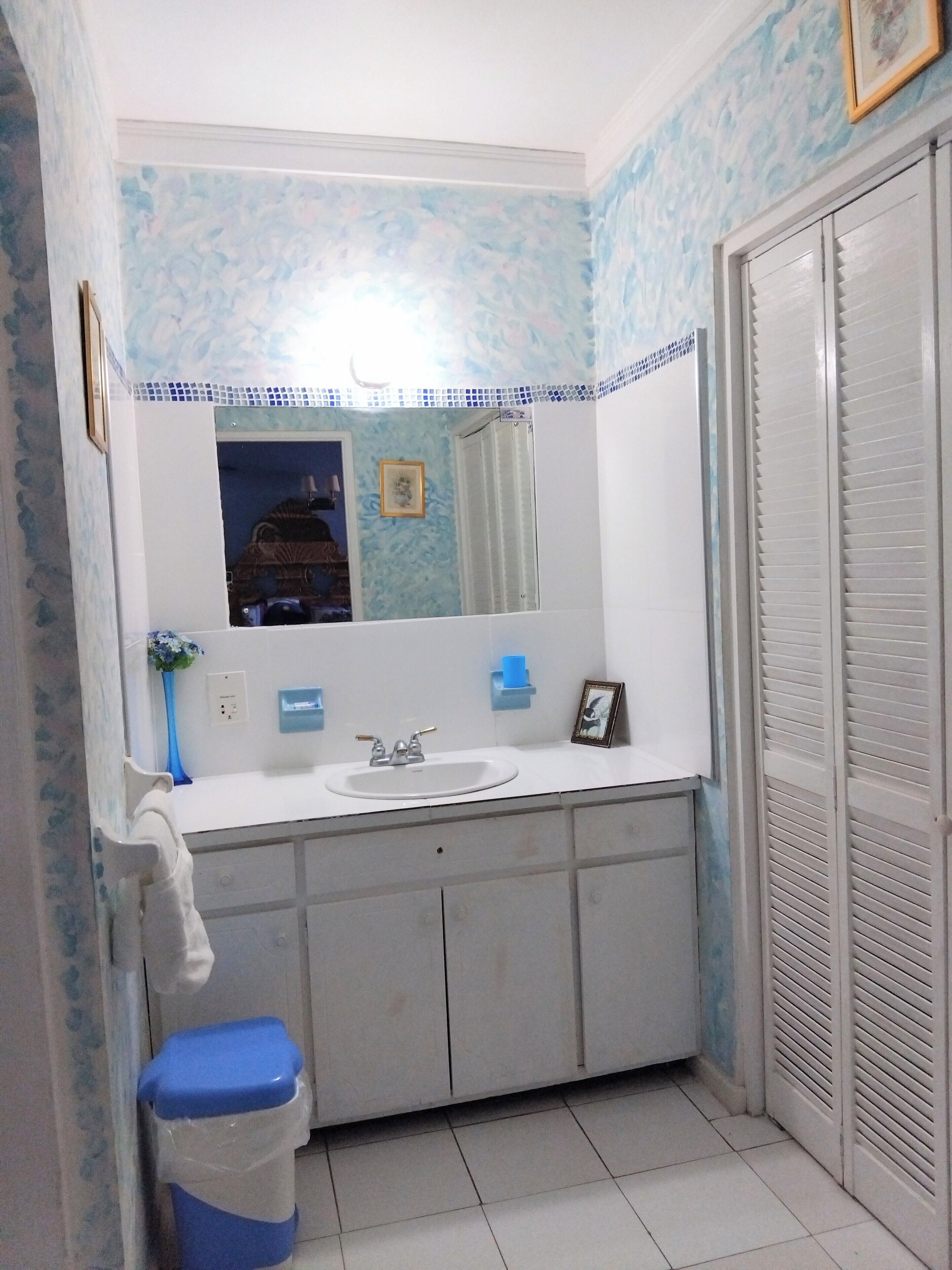 Un baño con un lavamanos blanco, un espejo y un inodoro. Hay un cubo de basura azul y un marco de fotos en la pared.