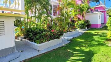 Un barrio residencial con un césped bien cuidado, un edificio rosa y abundante vegetación.