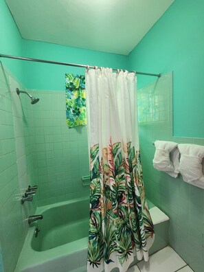 Hair dryer, towels, soap, toilet paper