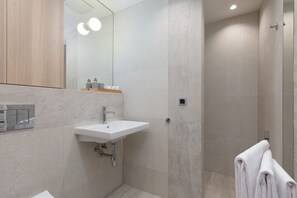 Shower, free toiletries, towels, toilet paper