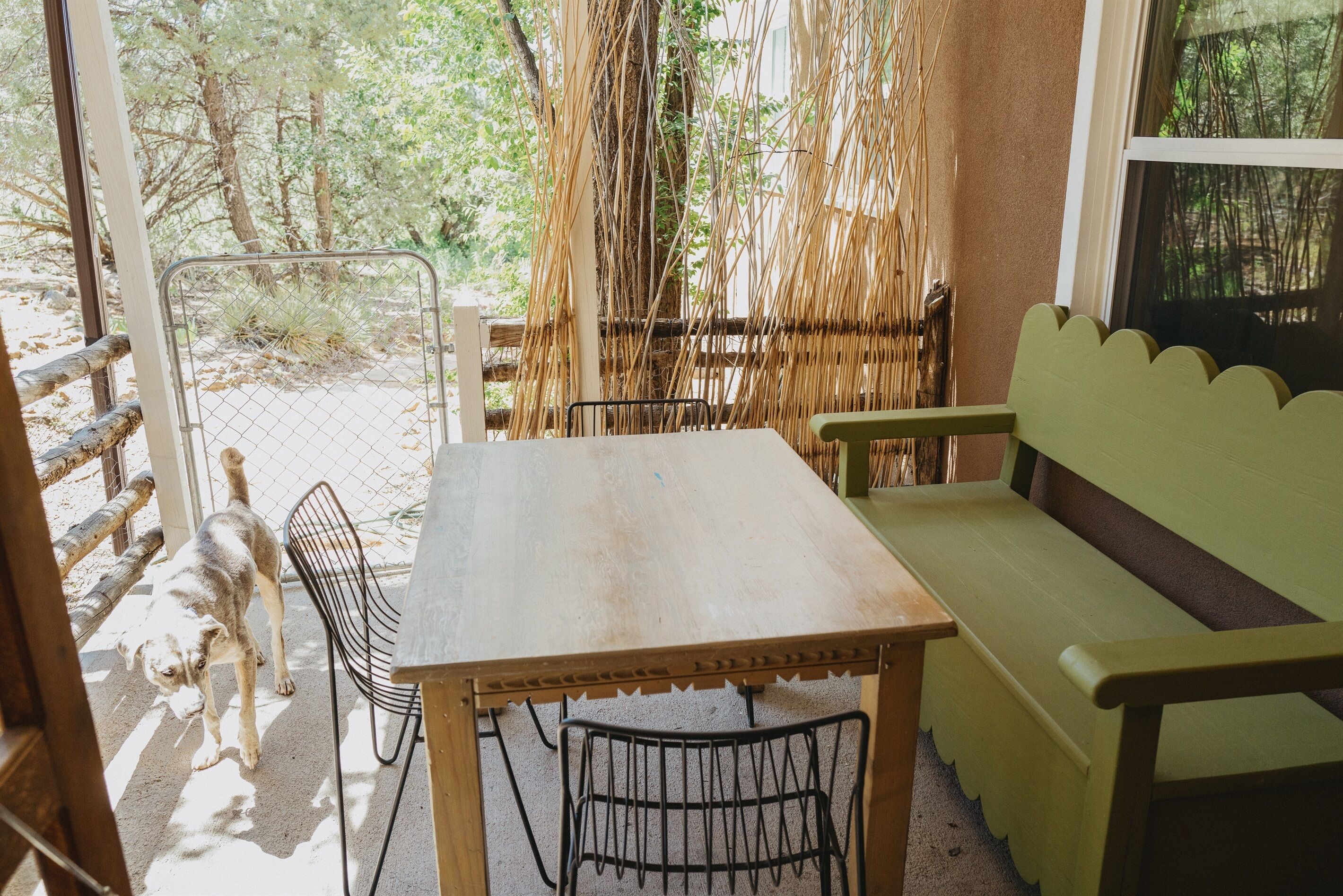 An outdoor patio with a wooden table and metal chairs, surrounded by a bamboo fence.